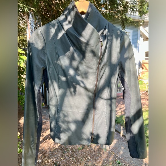 Vince 100% Goat Leather Moto Jacket Funnel Neck S Womens Charcoal Grey - Picture 4 of 16